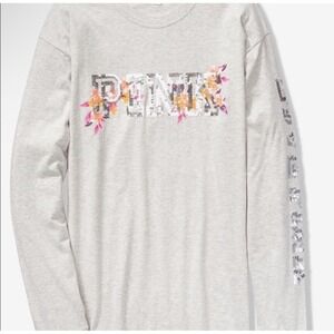 Victoria's Secret PINK Gray  Bling Campus Long Sleeve‎ Tee Tshirt NWT Sz XS